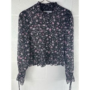 BCBGeneration Blouse Sheer Floral Print Black Chiffon Smocked Top Women’s Sz S